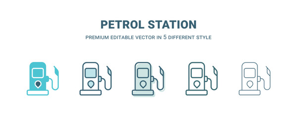 Poster - petrol station icon in 5 different style. Outline, filled, two color, thin petrol station icon isolated on white background. Editable vector can be used web and mobile