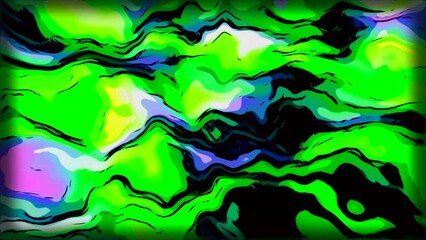 Poster - Colorful spots move in fluid pattern with lines. Motion. Animation of background pattern of colorful spots on black background. Pattern with moving spots in style of liquid paints