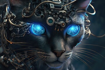 Wall Mural - Image depicts a close up of a cyborg cat, complete with blue LED eyes and mechanical parts. Generative AI