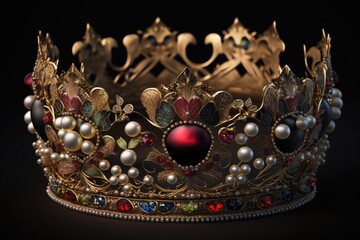 Sticker - a crown of gold studded with rubies and pearls, set against a jet black ground. Generative AI