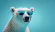 cool polar bear face with sunglasses, empty copy space for text, pastel blue studio background. Generative AI.