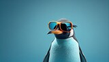 cool penguins face with sunglasses, empty copy space for text, pastel blue studio background. Generative AI.