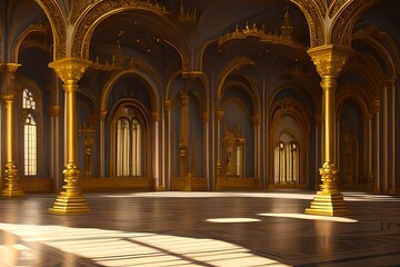 A Realistic Fantasy Interior Of The Royal Palace. Golden Palace. Castle Interior. Fiction Backdrop. Concept Art. Generative AI