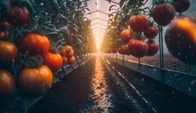 Industrial Modern 4.0 Greenhouse To Grow Tomatoes With Robots Drone. Concept Technology Innovations Farming. Generation AI