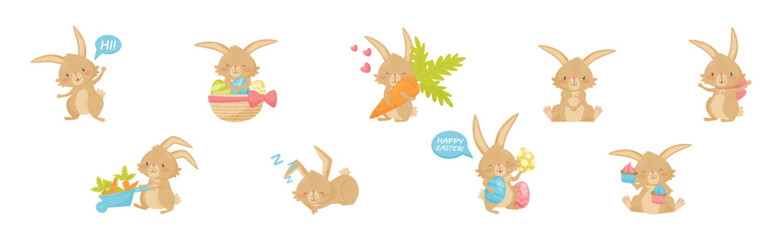 Wall Mural - cute bunny character with long ears engaged in different activity vector set