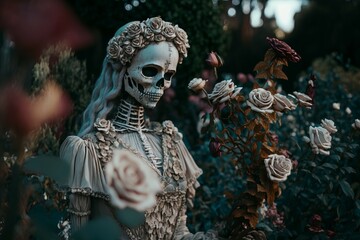 A graveyard of wilted petals amidst a life-sized model of a woman in a bridal gown. AI generation.