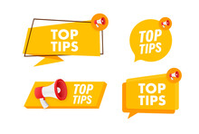 Megaphone Label Set With Text Top Tips. Megaphone In Hand Promotion Banner. Marketing And Advertising