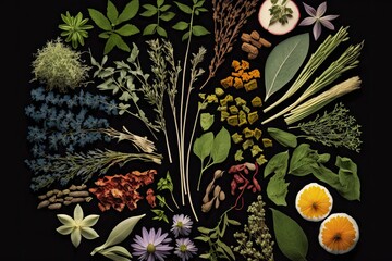 Wall Mural - Background of many herbs used in phytotherapy, herbal medicine, and alternative health care. Generative AI