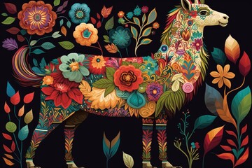 Wall Mural - Colorful llama, floral, and ethnic motifs fill a large, bold illustration. Generative AI