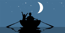 Man And A Boy Child Are Seen In A Rowboat And Are Silhouetted Agains A Night Sky, Stars And The Moon In This Vector Image.