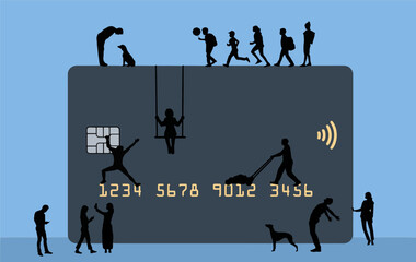 Sticker - Silhouettes of all types of people are seen on and around a huge credit card in a vector image about credit cards in daily life.