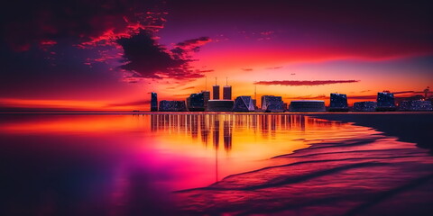Wall Mural - city panorama at pink orange evening sunset at sea big fool moon,medieval and modern houses on horiz