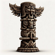 Ancient Totem Shamanic Wooden Pole With Carved Symbols And Patterns Isolated On White Close-up