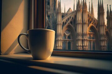 Cup of morning coffee on the windowsill an open window with overlooking Milan Italy, Milano Duomo Cathedral. Travel concept and morning with breakfast at the hotel. Generative AI