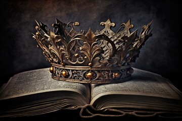 Poster - crown of a beautiful monarch draped over an old book; a low key image. aged filtering. Medieval Era Fantasy. Generative AI