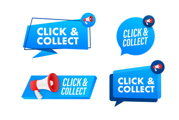 Sticker - Megaphone label set with text Click and collect. Megaphone in hand promotion banner. Marketing and advertising