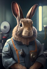 Wall Mural - Portrait of an Easter Bunny wearing Mechanic uniform. Generative AI