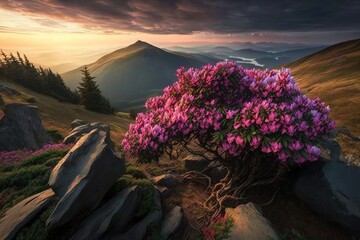 Poster - On a July mountain, a magical rhododendron blooms a bright pink. Western Ukraine, or Carpathians. Generative AI