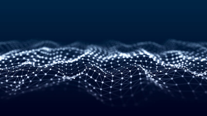 Poster - a wave of dots and lines of network connection. technological background. 3d rendering.