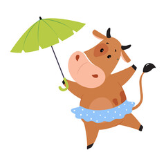 Sticker - Cute happy brown cow in short skirt walking with umbrella. Lovely farm animal character cartoon vector illustration