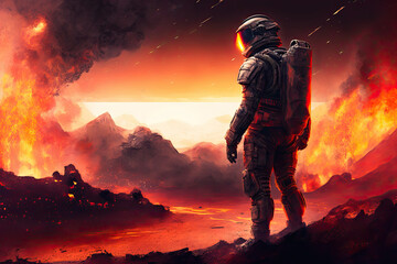 Wall Mural - astronaut on surface of uninhabitable planet. dangers of space exploration and colonization of plane