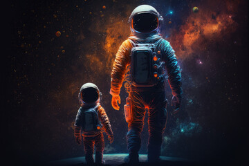 Wall Mural - astronauts in space suits on unknown planet surface. father and son astronauts exploring space. crea