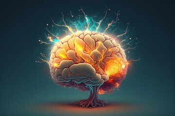 Energetic thinking. Glowing brain network in the form of a tree. The concept of consciousness, artificial intelligence.