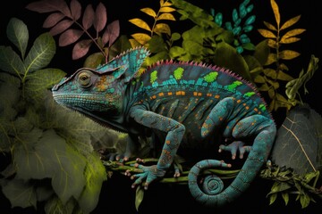 Canvas Print - A chameleon from Yemen is shown on a big, black background. Reptile among the leafy greens. Coloration of the skin is vivid. Generative AI