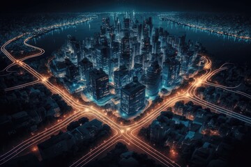 Wall Mural - Nighttime aerial panorama of a city replete with icons representing various forms of smart infrastructure, the IoT, networks, and AR technology. Generative AI