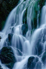 Wall Mural - Beautiful mountain rainforest waterfall with fast flowing water and rocks, long exposure. Natural seasonal travel outdoor background with sun shining. Stream waterfall on rocks in the forest