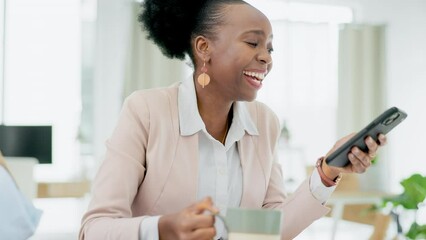 Poster - Social media, break and black woman with a phone and coffee for a chat, meme or message. Happy, funny and laughing African employee drinking tea while reading communication on a mobile app at work