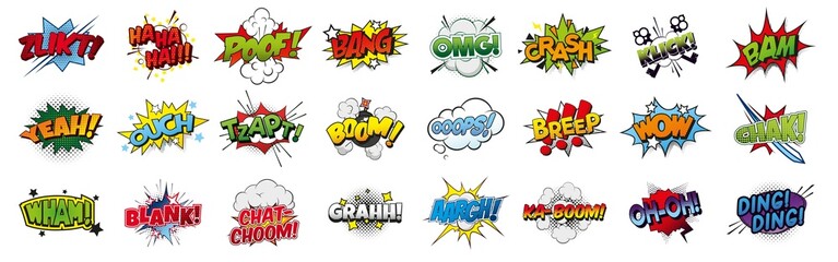 pop art style comic sound effects, png cartoon explosions, sound expression and comic speech bubble,