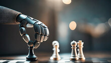 Metalic Robotic Hand Holding Chess Piece With Wooden Board And Some Play Figurines, On Bright Blury Gray Room Background, Generative AI