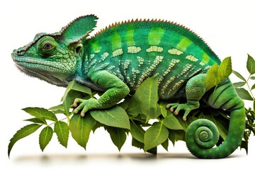 Wall Mural - Crawling chameleon in the tropics, side view, isolated on white. Generative AI