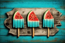 Popsicles Shaped Like Slices Of Watermelon Against A Blue, Weathered Wood Background. Generative AI