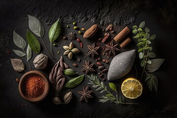 Poster - spices and herbs set against a dark stone wall. view from above, with room for copy. generative ai