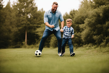 Father and son bonding over playing soccer practice outdoors  in sunny green park, generative ai