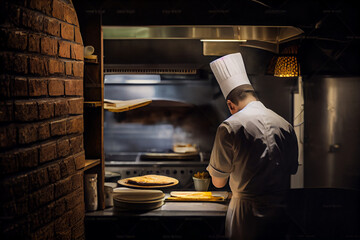 Back view chef cooking meal in the kitchen. Canteen or restaurant kitchen.