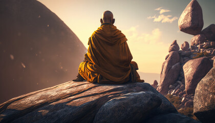 Buddhist monk meditating on a rock created with generative AI technology