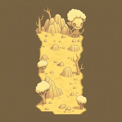 A stylized illustration of a barren, rocky landscape with scattered boulders and a lone tree, evoking a desolate and surreal environment