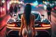 Rich and attractive woman wearing plunging neckline dress, posing in front of a luxury racing sports car auto with headlights on. Back view, Evening, Night, party, nightlife

