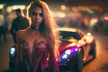 Wall Mural - Rich and attractive blonde woman wearing pink plunging neckline dress, posing in front of a luxury racing sports car auto with headlights on. Evening, Night, party, nightlife


