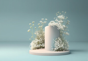 3d background with gypsophila baby breathe flowers and leaves. soft. product presentation. luxury mo