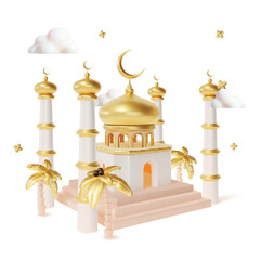 Sticker - 3d Ramadan Kareem Concept with Metal Crescent Moon and Islamic Mosque Plasticine Cartoon Style. Vector illustration