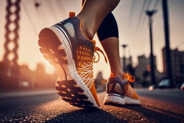 girl runner makes a morning run in a city street. sneaker shoes, feet close-up. jogging, running, we