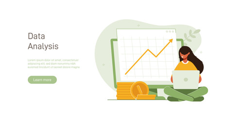 Poster - Analyst looks graph of earnings growth. Marketing data analysis. Business profit report. Successful investment of capital or money. Modern flat colorful vector illustration for banner, poster.