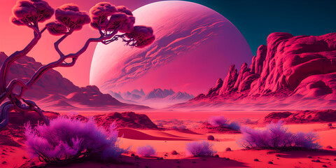 Vaporwave Mars landscape, Vintage style illustration, Generative AI