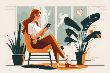 Flat vector illustration Smiling young woman sitting on chair, holding mobile phone and mobile device, looking at smartphone, checking modern apps, texting, surfing the internet, relaxing while shoppi