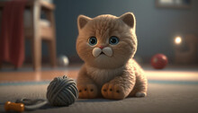 A Cute Cat In Pixar Style Playing With A Toy. Generative AI.
