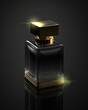 The exquisite design of this perfume bottle is highlighted by the perfect lighting on a black background. Every intricate detail shines through, making it a true work of art. Generative AI